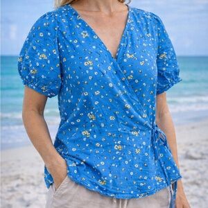 Ann Taylor Cotton Ditsy Floral Puff Sleeve Wrap Top Blue Size XL Petite